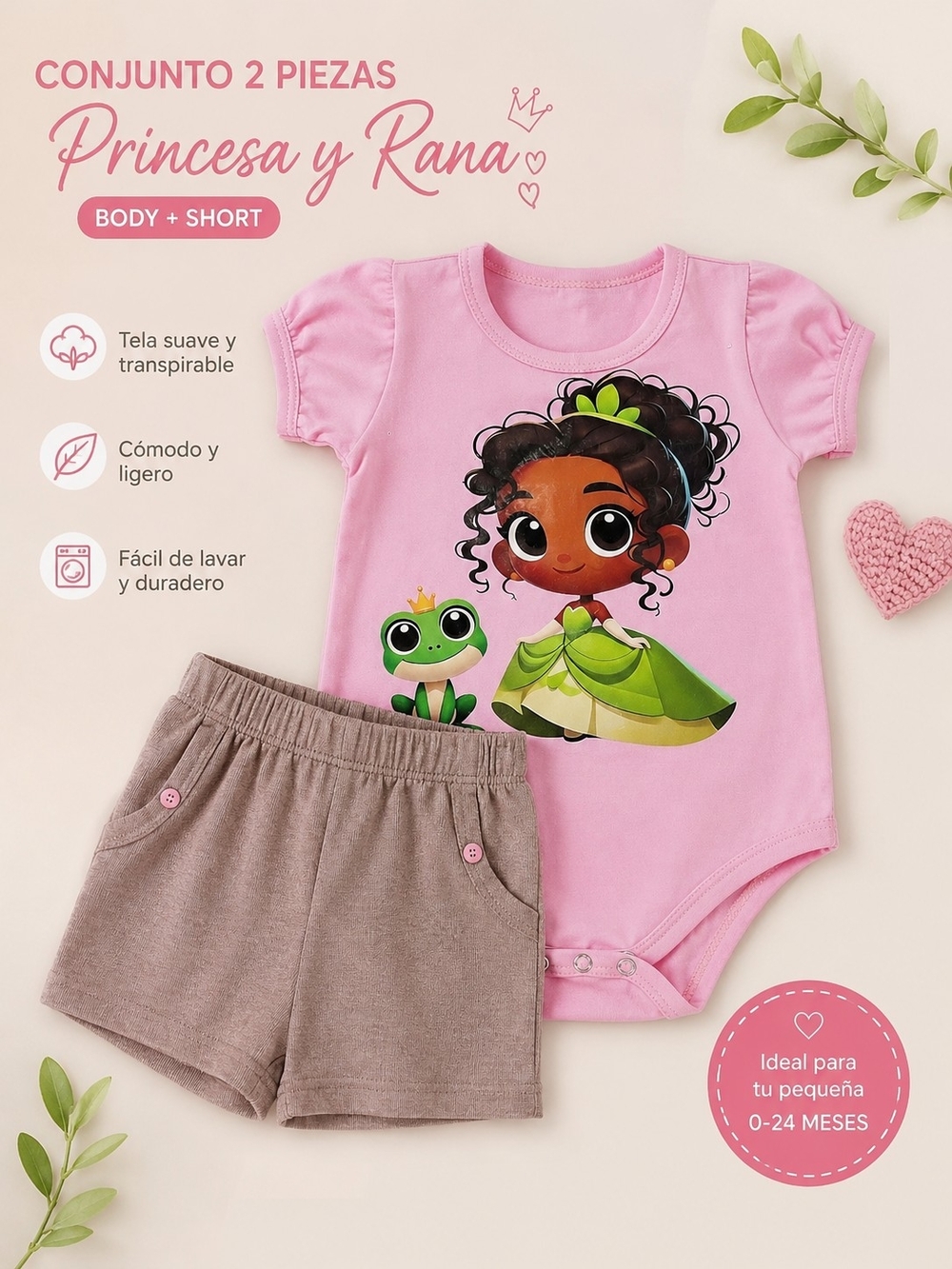 Pink Princess & Frog Baby Bodysuit + Shorts Set